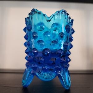 Fenton Laser Blue Hobnail Three Footed Glass Toothpick Holder